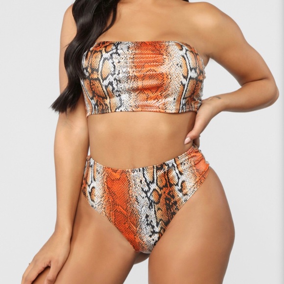 NEW 3 Piece Bathing Suit Orange Snake Skin - Picture 2 of 4